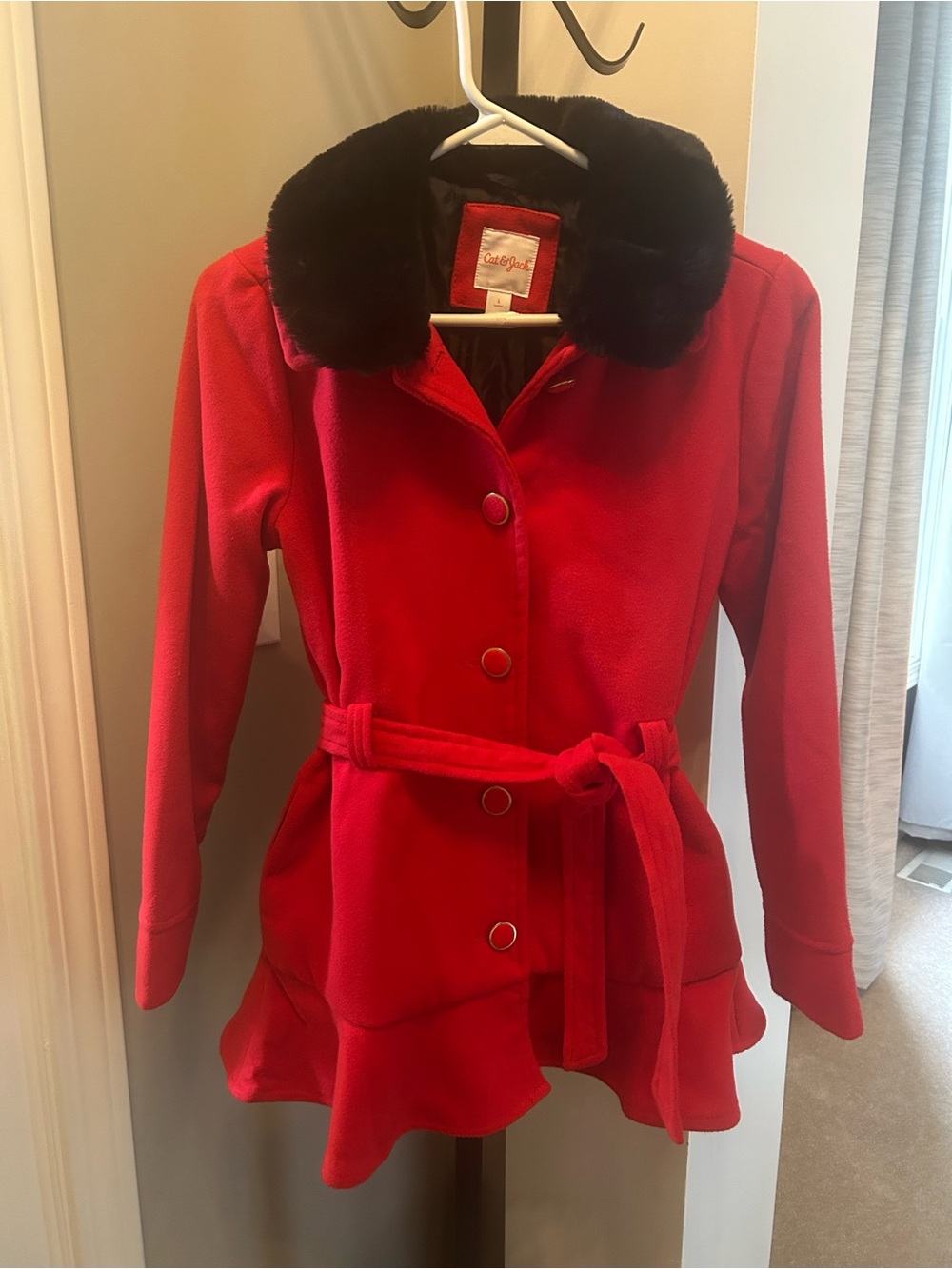 Cat & Jack Red Girls' Pea Coat with Black Faux Fur Collar